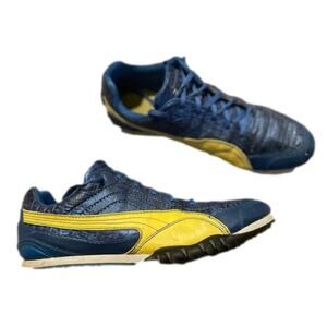 Puma Athletic Men's Blue Yellow Colorful Running Shoes With Spikes Lace Up Sz 10